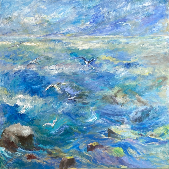 acrylic on canvas painting titled "Flight Of The Seagulls"